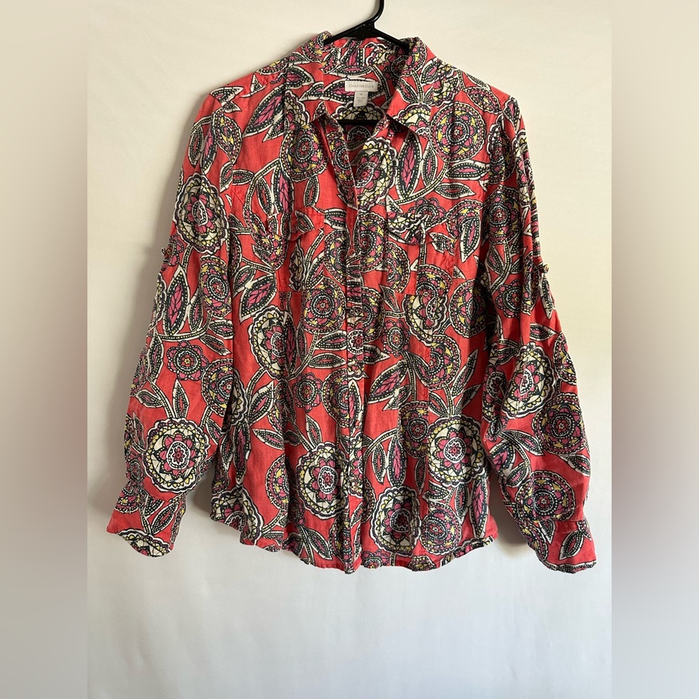 Charter Club Pink Blue Paisley Printed Button Down Pockets Linen Shirt Size 14